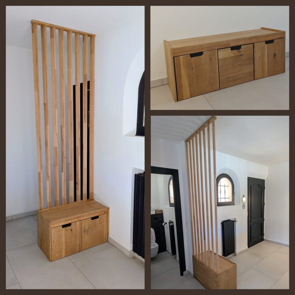 Claustra avec banc à caisson et banc coordonné en chène